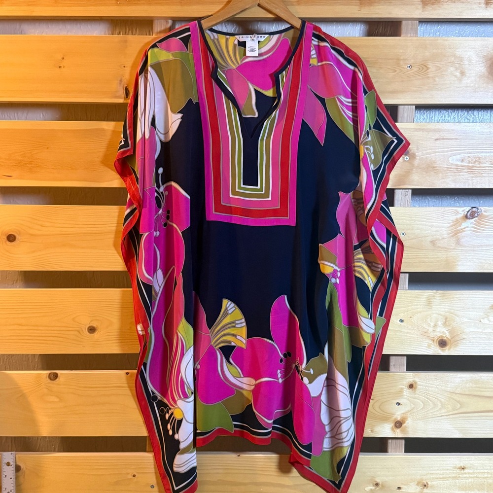 Trina Turk Silk Floral Kaftan Top Womens XS/S Multicolor Resort Luxury Tropical